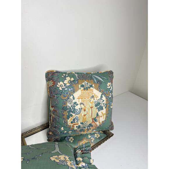 Set of Two Rare Sage Green Japanese Geisha Throw Pillows Chinioserie Garden - Picture 4 of 10